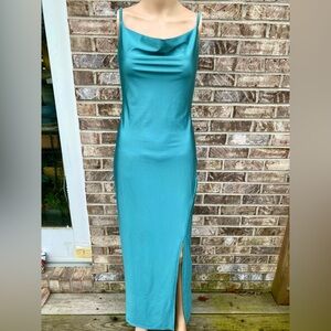 Teal/Turquoise Draped Bodycon Spandex Maxi Dress